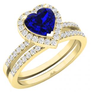 1.35 Carat (ctw) 10K Yellow Gold Heart Cut Blue Sapphire & Round Diamond Bridal Engagement Ring Set