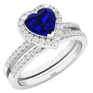 1.35 Carat (ctw) 14K White Gold Heart Cut Blue Sapphire & Round Diamond Bridal Engagement Ring Set