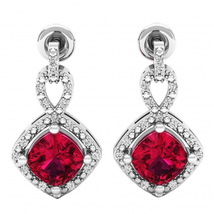 Sterling Silver 6 MM Each Cushion Cut Garnet & Round Diamond Ladies Infinity Dangling Drop Earrings