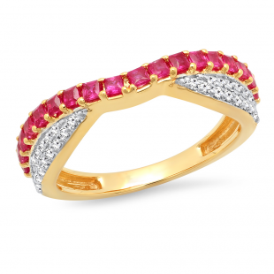 0.70 Carat (ctw) 18K Yellow Gold Princess Ruby & Round Diamond Ladies Stackable Wedding Band 3/4 CT