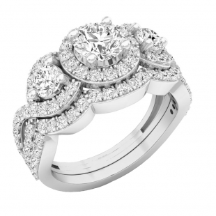 2.00 Carat (ctw) 14K White Gold Round White Diamond 3 Stone Bridal Halo Engagement Ring Set 2 CT
