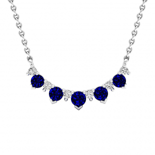 10K White Gold Round Blue Sapphire & White Diamond Ladies Necklace (Silver Chain Included)