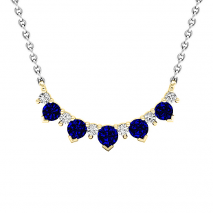 18K Yellow Gold Round Blue Sapphire & White Diamond Ladies Necklace (Gold Chain Included)