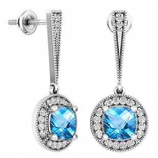 Sterling Silver 6 MM Each Cushion Cut Blue Topaz & Round Diamond Ladies Halo Drop Earrings