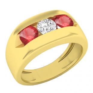14K Yellow Gold 5 MM Round Ruby & Diamond Men's Channel Set 3 Stone Wedding Band