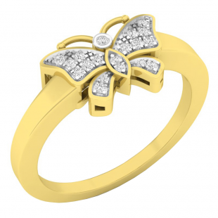 0.10 Carat (ctw) 14K Yellow Gold Round White Diamond Cocktail Right Hand Butterfly Ring 1/10 CT