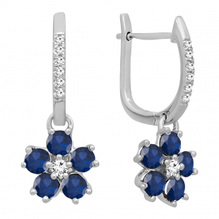 14K White Gold Round Blue Sapphire & Diamond Ladies Cluster Flower Dangling Drop Earrings