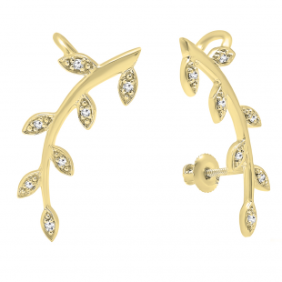 0.11 Carat (ctw) 10K Yellow Gold Round Cut White Diamond Ladies leaf shaped Climber Earrings