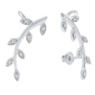 0.11 Carat (ctw) 18K White Gold Round Cut White Diamond Ladies leaf shaped Climber Earrings