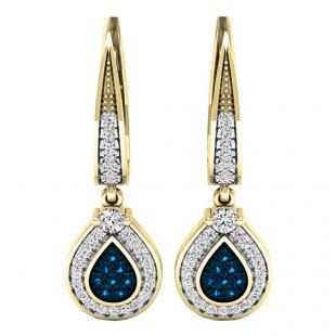 0.55 Carat (ctw) 14K Yellow Gold Round Blue & White Diamond Ladies Drop Earrings 1/2 CT