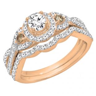 1.05 Carat (ctw) 14K Rose Gold Round Champagne & White Diamond Ladies Engagement Ring Set 1 CT