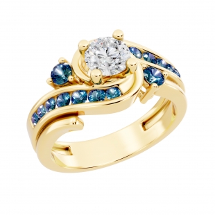 0.95 Carat (ctw) 10K Yellow Gold Round Blue And White Diamond Ladies Engagement Ring Set 1 CT