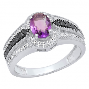 Sterling Silver 7X5 Oval Cut Amethyst & Round Black & White Diamond Ladies Bridal Engagement Ring