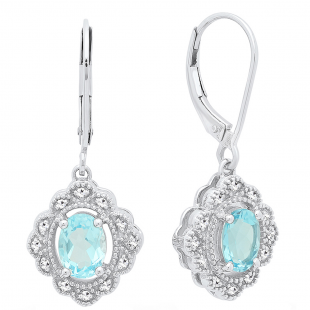 Sterling Silver 7X5 MM Oval Cut Blue Topaz And Round Diamond Ladies Vintage Cluster Drop Earrings