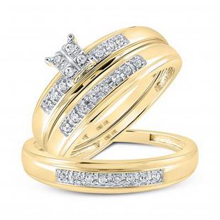 Round White Diamond Square Cluster Matching Bridal Engagement Trio Ring Set 1/4 CT (0.25 ctw Color I-J Clarity I2-I3) in 10K Yellow Gold