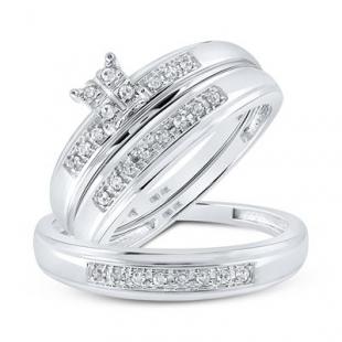 Round White Diamond Square Cluster Matching Bridal Engagement Trio Ring Set 1/4 CT (0.25 ctw Color I-J Clarity I2-I3) in 925 Sterling Silver