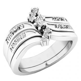 0.40 Carat (ctw) 18K White Gold Marquise baguette & Round Diamond Bridal Engagement Ring Set