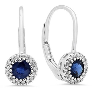 0.90 Carat (ctw) 10K White Gold Round Blue Sapphire & White Diamond Ladies Halo Style Dangling Drop Earrings