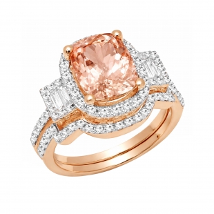 18K Rose Gold 10X8 MM Cushion Cut Morganite and Baguette & Round Cut Diamond Ladies Engagement Ring Set
