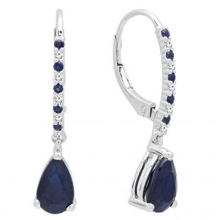 18K White Gold 8X5 MM Pear & Round Cut Blue Sapphire & Round Diamond Ladies Dangling Drop Earrings