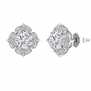 925 Sterling Silver Flower Stud Earrings, 2.65 CT Cushion and Round Cubic Zirconia in Push Back