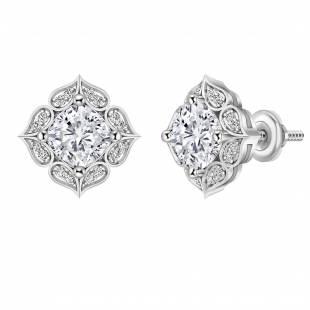 925 Sterling Silver Flower Stud Earrings, 2.65 CT Cushion and Round Cubic Zirconia in Screw Back