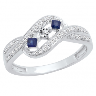 14K White Gold Princess Cut Blue Sapphire & Princess & Round Diamond Ladies 3 Stone Promise Ring