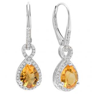 18K White Gold 8X6 MM Each Pear Cut Citrine & Round White Diamond Ladies Infinity Dangling Earrings