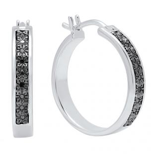 0.08 Carat (ctw) Sterling Silver Round Cut Black Diamond Ladies Hoop & Huggie Earrings