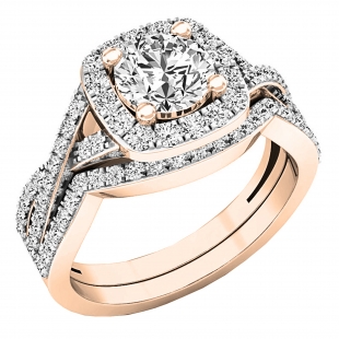 2.55 Carat (Ctw) 18K Rose Gold Round Cut Cubic Zirconia Ladies Halo Engagement Ring Set 2 1/2 CT