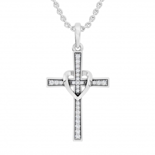 Round White Diamond Heart Shaped Religious Cross Pendant with 18 Inch Silver Chain for Women (0.20 ctw Color I-J Clarity I2-I3) in 10K White Gold