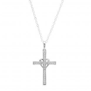 Round White Diamond Heart Shaped Religious Cross Pendant with 18 Inch Gold Chain for Women (0.20 ctw, Color I-J, Clarity I1-I2) in 14K White Gold