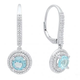 10K White Gold 6 MM Round Blue Topaz & White Diamond Ladies Drop Earrings