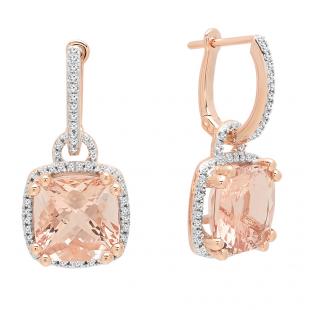 18K Rose Gold 8 MM Each Cushion Cut Morganite & Round White Diamond Ladies Dangling Drop Earrings