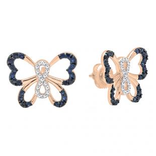 14K Rose Gold Round Blue Sapphire & White Diamond Ladies Butterfly Stud Earrings