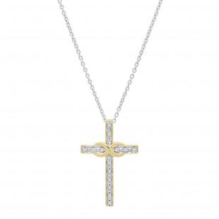 0.06 Carat (ctw) 14K Yellow Gold Round White Diamond Ladies Cross Pendant (Silver Chain Included)