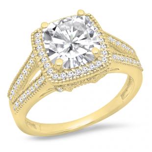 0.90 Carat (ctw) 14K Yellow Gold Cushion & Round Cut Diamond Ladies Halo Split Shank Engagement Ring