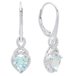 18K White Gold 6 MM Each Blue Topaz & Round Cut White Diamond Ladies Heart Shape Drop Earrings