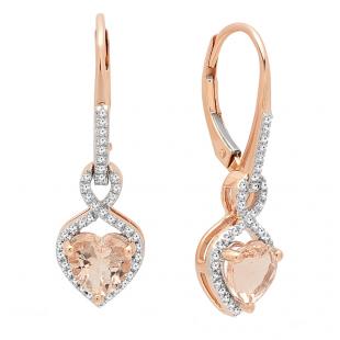 10K Rose Gold 6 MM Each Morganite & Round White Diamond Ladies Heart Shape Infinity Drop Earrings