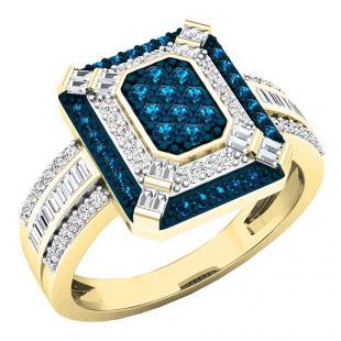0.65 Carat (ctw) 10K Yellow Gold Baguette & Round Cut White & Blue Diamond Engagement Bridal Ring