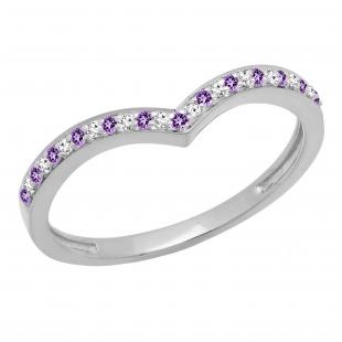 18K White Gold Round Amethyst & White Diamond Wedding Stackable Band Anniversary Guard Chevron Ring