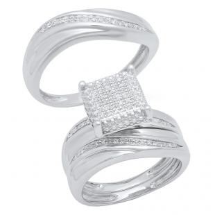 0.25 Carat (ctw) Sterling Silver Round Diamond Men's & Women's Micro Pave Ring Trio Set 1/4 CT