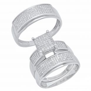 0.65 Carat (ctw) Sterling Silver Round Diamond Men's & Women's Micro Pave Engagement Ring Trio Set