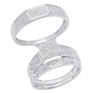 0.50 Carat (ctw) Sterling Silver Round Diamond Men's & Women's Micro Pave Ring Trio Set 1/2 CT