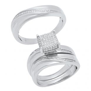 0.35 Carat (ctw) Sterling Silver Round Diamond Men's & Women's Micro Pave Ring Trio Set 1/3 CT