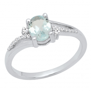Sterling Silver 7X5 MM Oval Cut Aquamarine & Round Cut Diamond Ladies Bridal Engagement Ring
