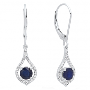 18K White Gold Round 5 MM Blue Sapphire & White Diamond Ladies Dangling Drop Earrings