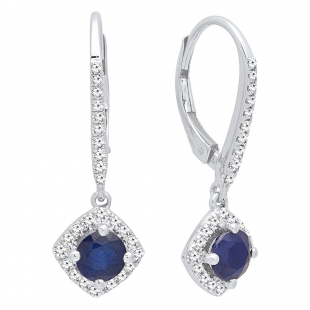 14K White Gold Round 5 MM Blue Sapphire & White Diamond Ladies Dangling Drop Earrings