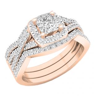 1.15 Carat (ctw) 10K Rose Gold Princess & Round Cut Diamond Ladies Bridal Engagement Ring Set