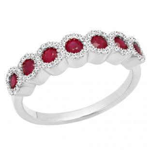 18K White Gold Round Ruby & White Diamond Ladies Bridal Anniversary Wedding Stackable Band